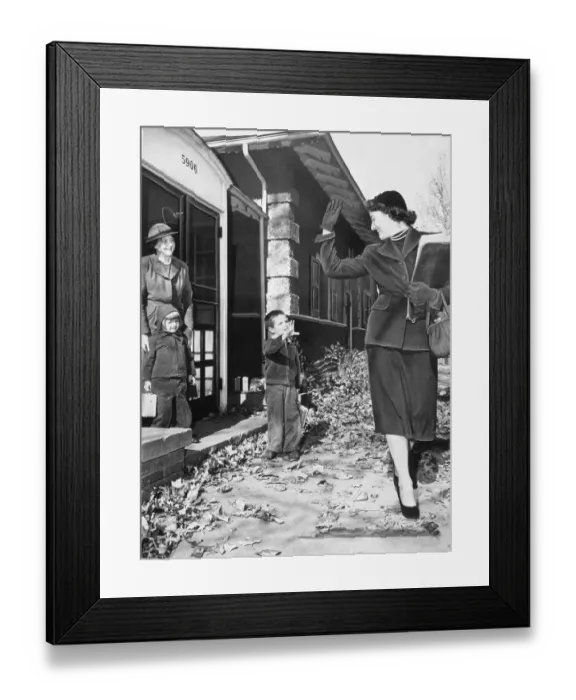 Framed Print : Mother waving to son (6-7 years) in kindergarten. November 14. 1940 Framed Print : Mother waving to son (6-7 years) in kindergarten. November 14. 1940
