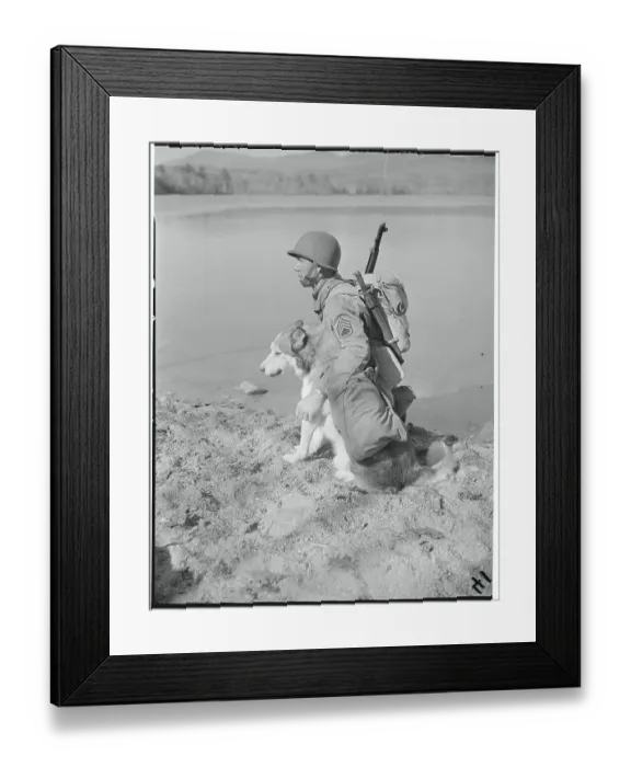 Framed Print : Soldier and Dog on Vast Terrain Framed Print : Soldier and Dog on Vast Terrain