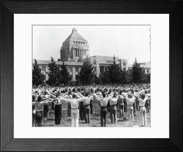 Framed Print : Japanese Men Doing Exercise At Lunch Framed Print : Japanese Men Doing Exercise At Lunch