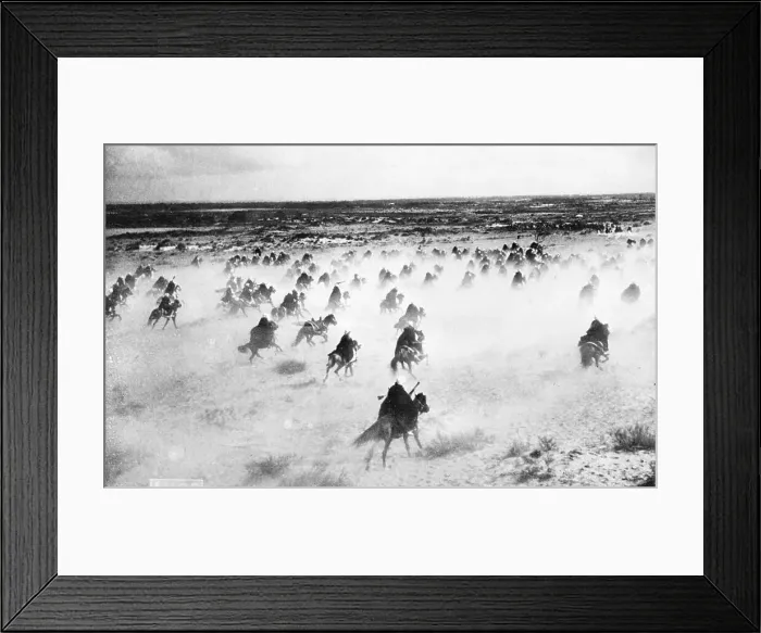 Framed Print : Cavalrymen On Horses Charge Into Distanc