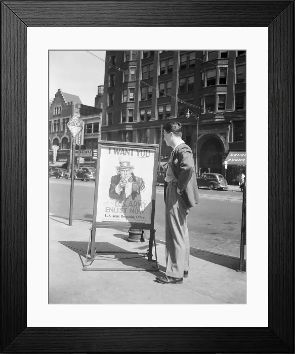 Framed Print : Boy Looking at Army Recruiting Sign Framed Print : Boy Looking at Army Recruiting Sign
