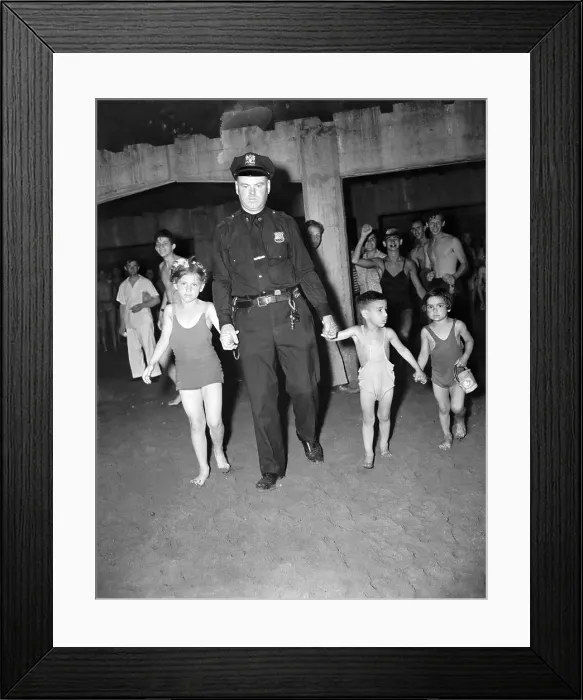 Framed Print : Officer Leads Three Children at Coney Island Framed Print : Officer Leads Three Children at Coney Island