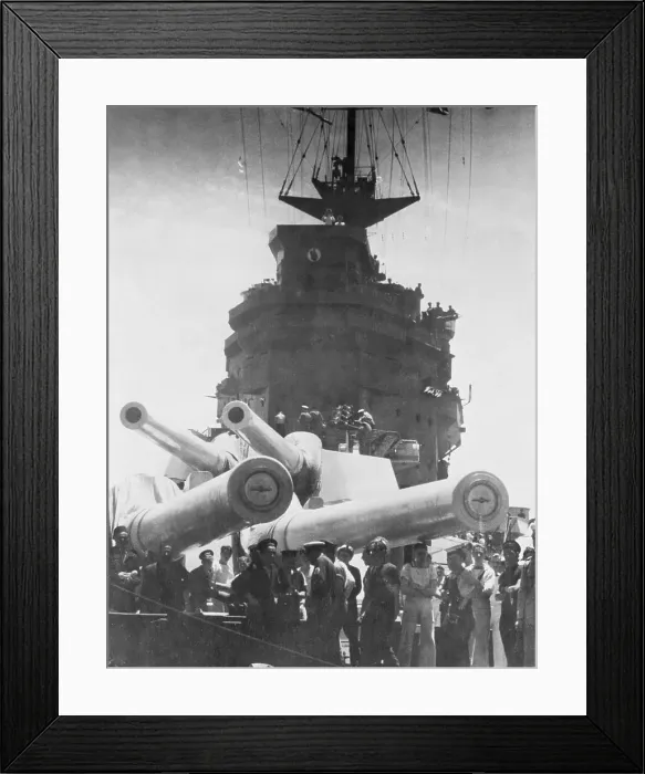 Framed Print : Clearance Officials Underneath Large Guns of British Vessel Framed Print : Clearance Officials Underneath Large Guns of British Vessel