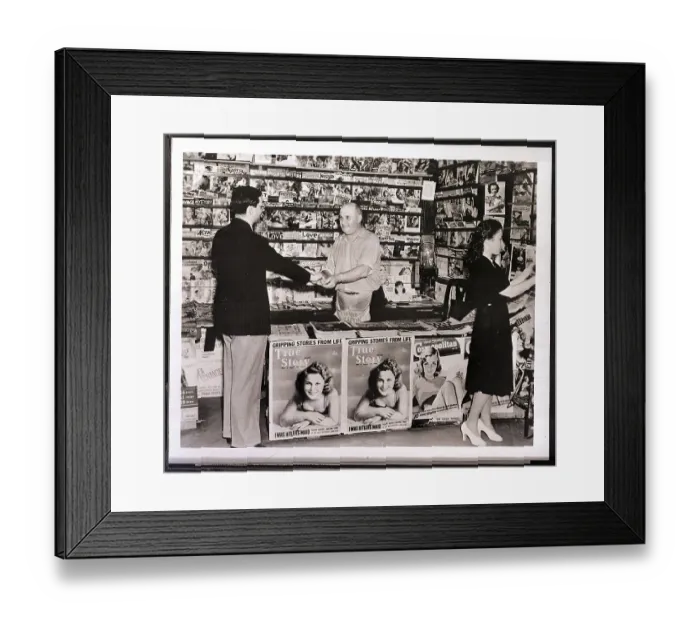 Framed Print : Newsstand Operator Taking Money / Customer Framed Print : Newsstand Operator Taking Money / Customer