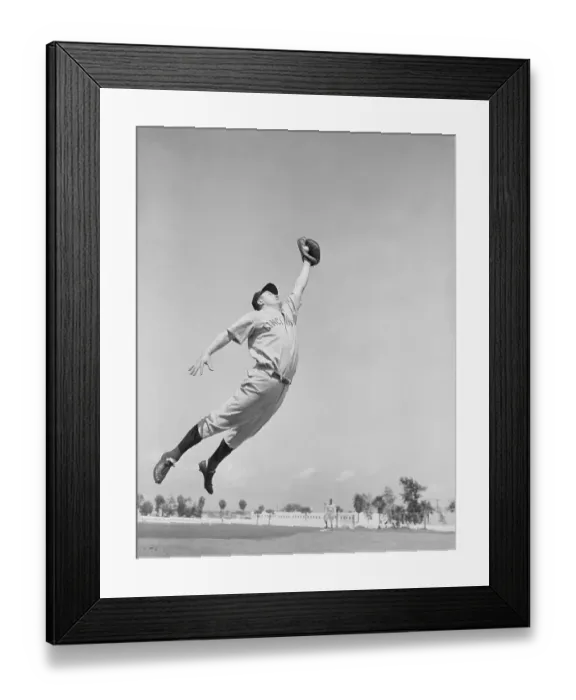 Framed Print : Frank McCormick In Mid Air to Catch Baseball Framed Print : Frank McCormick In Mid Air to Catch Baseball