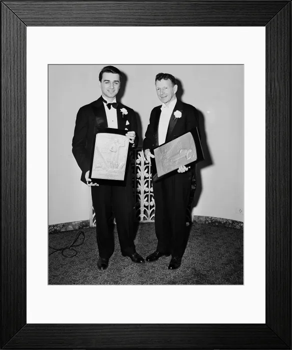 Framed Print : Inventors Edwin Land and William David Coolidge Holding Plaques Framed Print : Inventors Edwin Land and William David Coolidge Holding Plaques