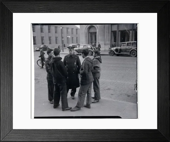 Framed Print : Police Officer Talking to Group of Boys Framed Print : Police Officer Talking to Group of Boys