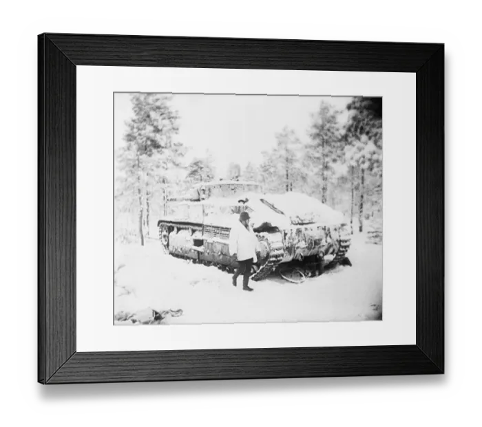 Framed Print : Soldier Inspecting Captured Soviet Tank Framed Print : Soldier Inspecting Captured Soviet Tank