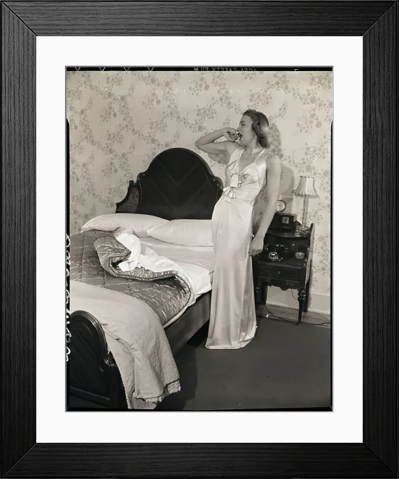 Framed Print : Woman in Evening Gown at Night in Bedroom Framed Print : Woman in Evening Gown at Night in Bedroom