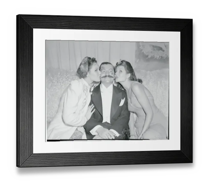 Framed Print : Linda Darnel and Rita Hayworth Kissing Jerry Colonna Framed Print : Linda Darnel and Rita Hayworth Kissing Jerry Colonna