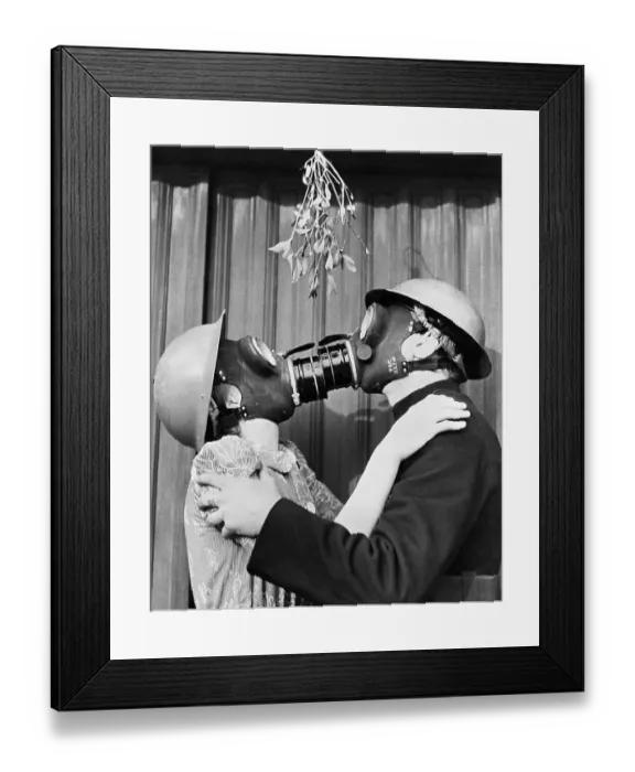 Framed Print : Couple Kissing Through Gas Masks