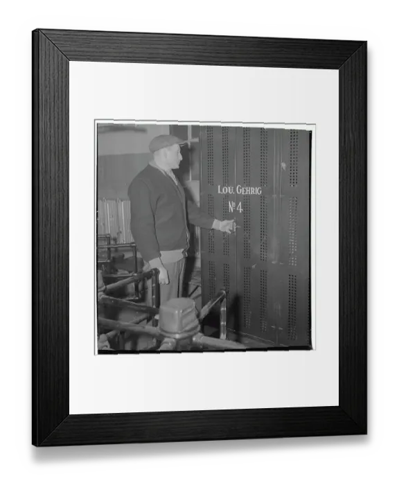 Framed Print : Walter Owens Standing at Locker Belonging to Lou Gehrig