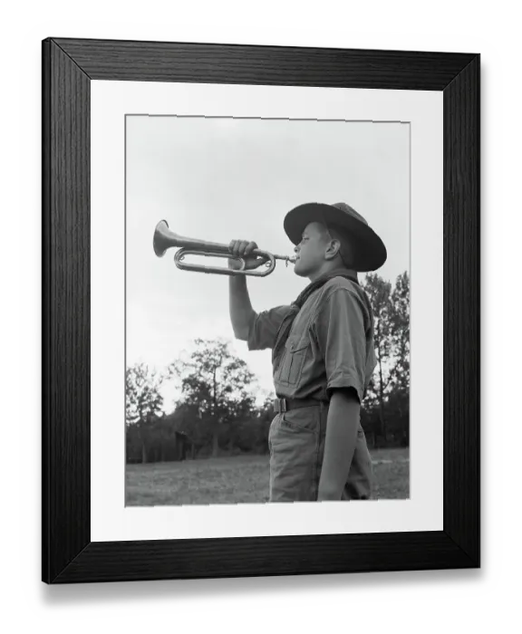 Framed Print : Boy Scout Bugling on a Field Framed Print : Boy Scout Bugling on a Field