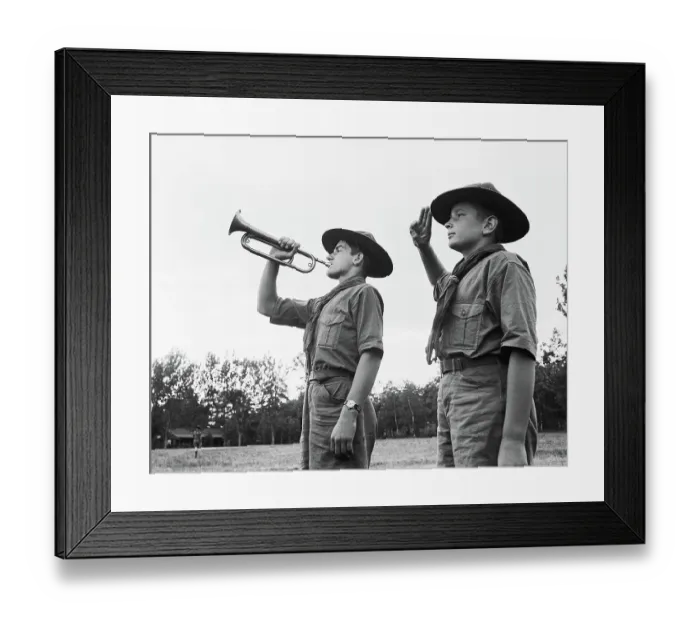 Framed Print : Boy Scouts Playing Bugle and Saluting Framed Print : Boy Scouts Playing Bugle and Saluting
