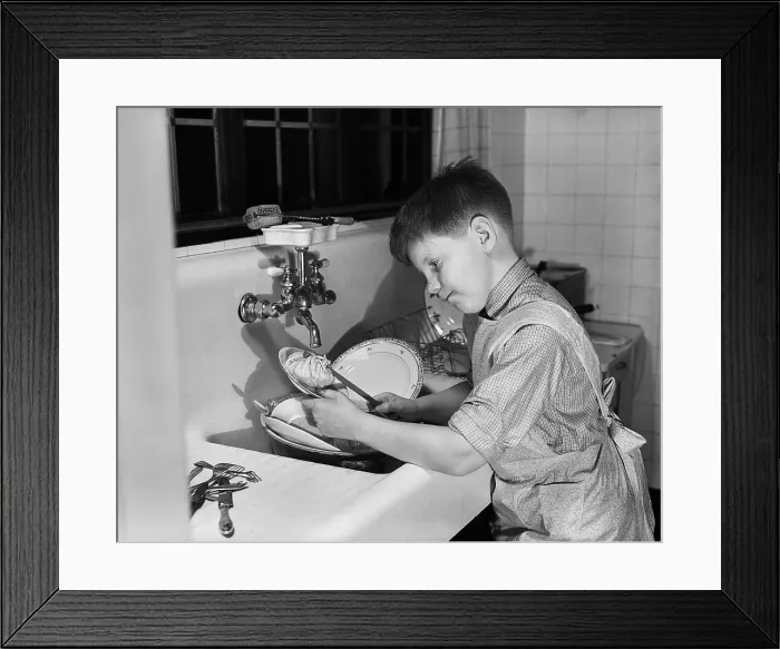 Framed Print : Boy Washing Dishes Framed Print : Boy Washing Dishes