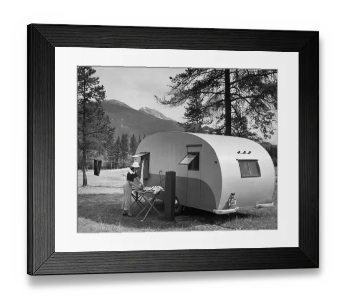 Framed Print : Woman Ironing Laundry Outside Camping Trailer Framed Print : Woman Ironing Laundry Outside Camping Trailer