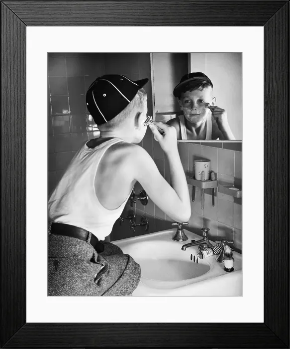 Framed Print : Boy Shaving at Mirror Framed Print : Boy Shaving at Mirror