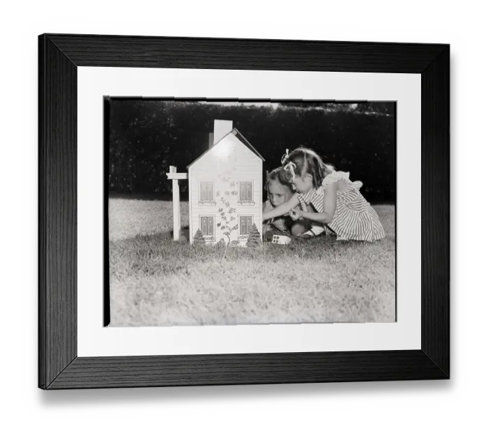Framed Print : Girls Playing with Dollhouse Framed Print : Girls Playing with Dollhouse