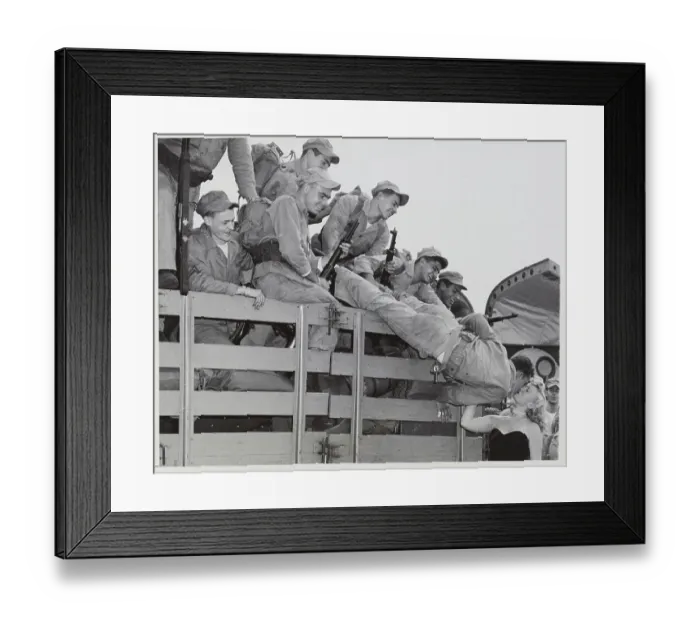 Framed Print : Soldier Leaning Over Truck to Kiss Lady