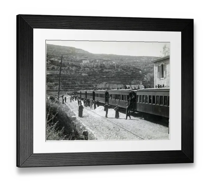 Framed Print : Travelers Alongside Train at Palestinian Station Framed Print : Travelers Alongside Train at Palestinian Station