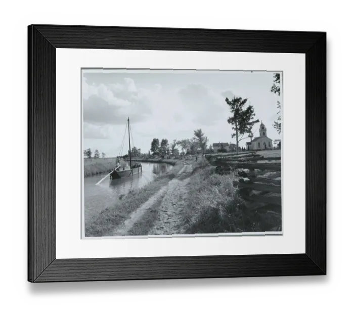 Framed Print : Church and Boat on Canal Site Framed Print : Church and Boat on Canal Site