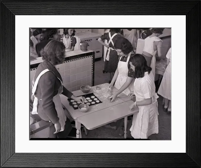 Framed Print : Girls Making Cookies in Domestic Class