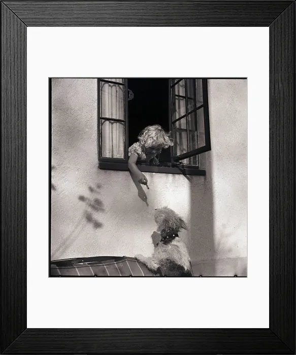 Framed Print : Girl Feeding Dog Through Window Framed Print : Girl Feeding Dog Through Window