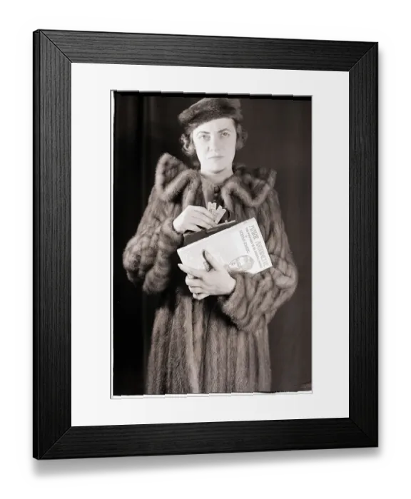 Framed Print : Woman in Fur Coat Holding Tickets Framed Print : Woman in Fur Coat Holding Tickets