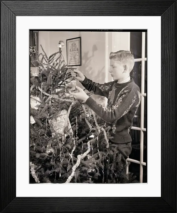 Framed Print : Boy Decorating a Christmas Tree Framed Print : Boy Decorating a Christmas Tree