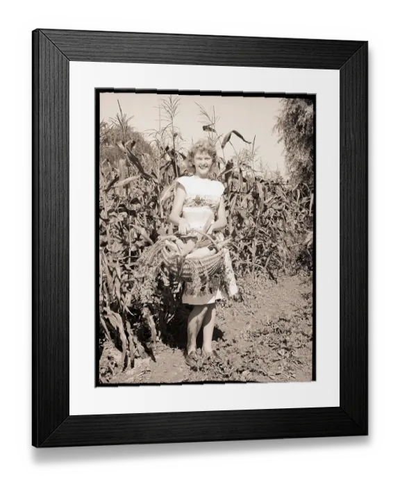 Framed Print : Girl Standing in Corn Field with Basket Framed Print : Girl Standing in Corn Field with Basket