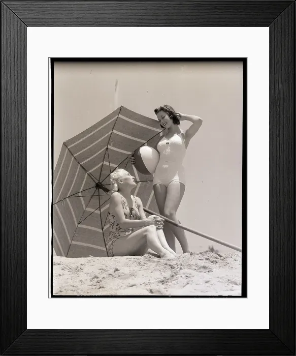 Framed Print : Women with Beach Umbrella Framed Print : Women with Beach Umbrella