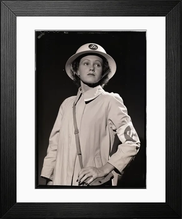 Framed Print : Woman Dressed as Air-Raid Warden Framed Print : Woman Dressed as Air-Raid Warden