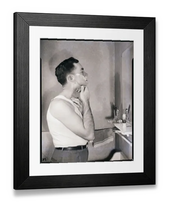 Framed Print : Man Shaving in Bathroom Framed Print : Man Shaving in Bathroom