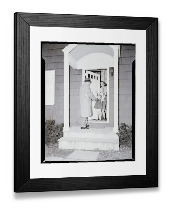 Framed Print : Family Greeting Father at Door
