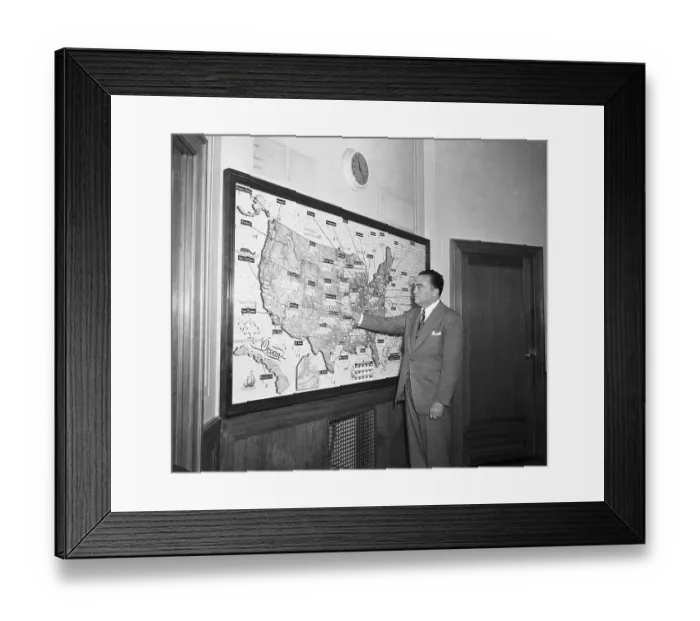 Framed Print : J. Edgar Hoover Pointing to Map of the United States Framed Print : J. Edgar Hoover Pointing to Map of the United States