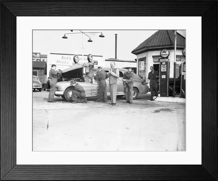 Framed Print : Mobile Gas Station with Service Attendants and Car Framed Print : Mobile Gas Station with Service Attendants and Car