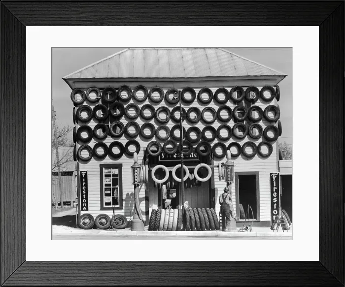 Framed Print : Exterior of Gas Station Decorated with Tires Framed Print : Exterior of Gas Station Decorated with Tires