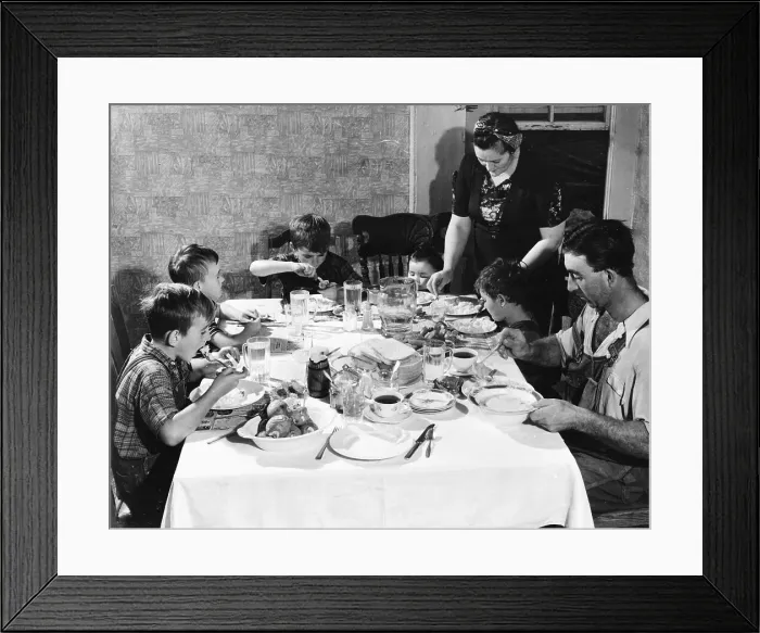 Framed Print : Farming Family Having Dinner At Table Framed Print : Farming Family Having Dinner At Table