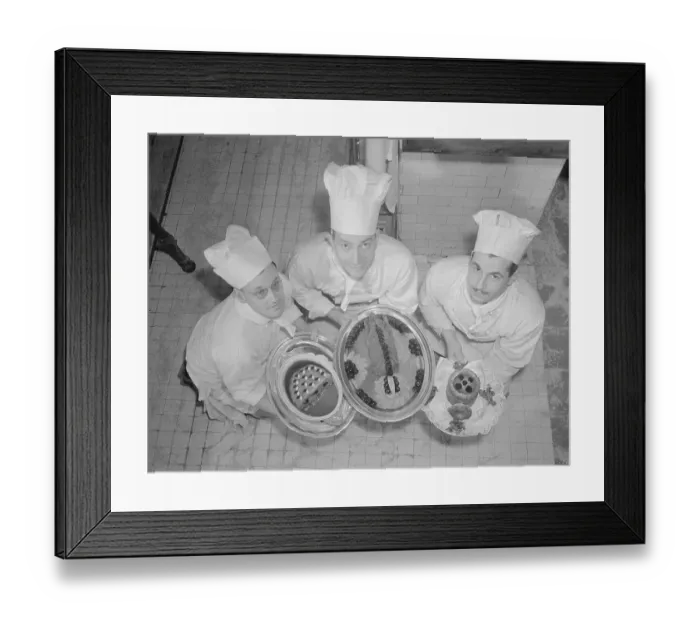 Framed Print : Ritz-Carlton Chefs Holding Trays of French Food Framed Print : Ritz-Carlton Chefs Holding Trays of French Food
