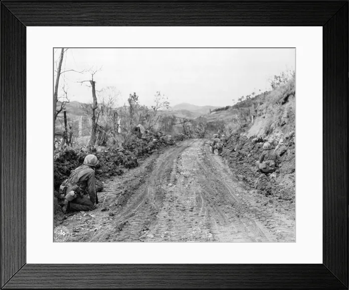 Framed Print : American Soldiers Kneeling on Side of Road in Okinawa Framed Print : American Soldiers Kneeling on Side of Road in Okinawa