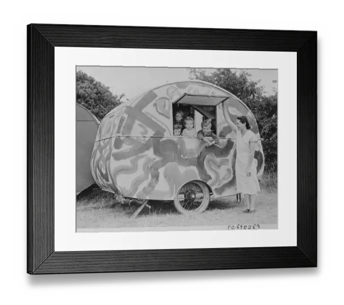 Framed Print : Woman by Camouflaged Mobile Home with Children Inside Framed Print : Woman by Camouflaged Mobile Home with Children Inside
