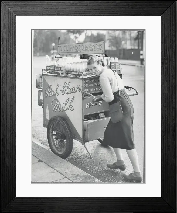 Framed Print : Eileen Royle Pushing Milk Barrow Framed Print : Eileen Royle Pushing Milk Barrow