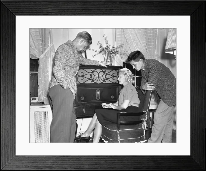 Framed Print : Family Listening to News on the Radio Framed Print : Family Listening to News on the Radio