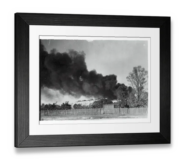 Framed Print : Buildings Blazing After Bombing Framed Print : Buildings Blazing After Bombing