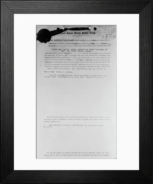 Framed Print : Contract Between Wright Brothers and US Army Framed Print : Contract Between Wright Brothers and US Army