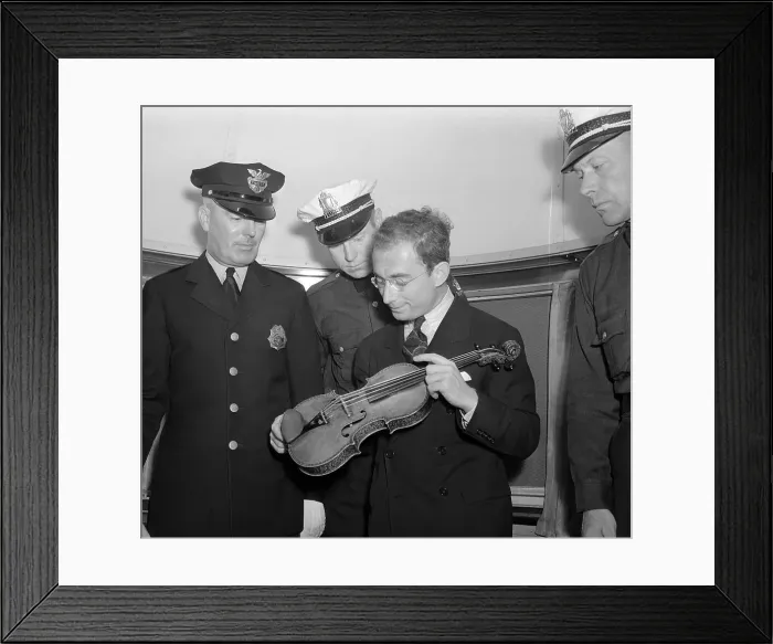 Framed Print : Violinist Showing Stradivarius to Policemen Framed Print : Violinist Showing Stradivarius to Policemen