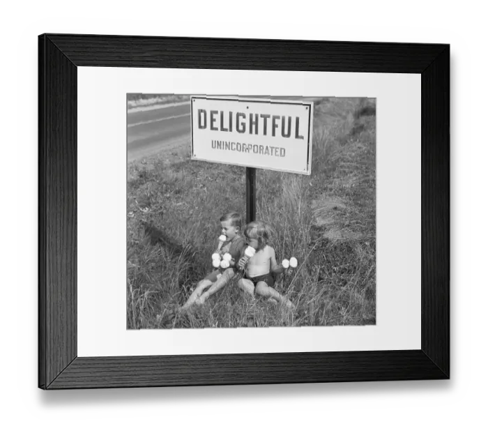 Framed Print : Children Eating Ice Cream Under Sign Framed Print : Children Eating Ice Cream Under Sign
