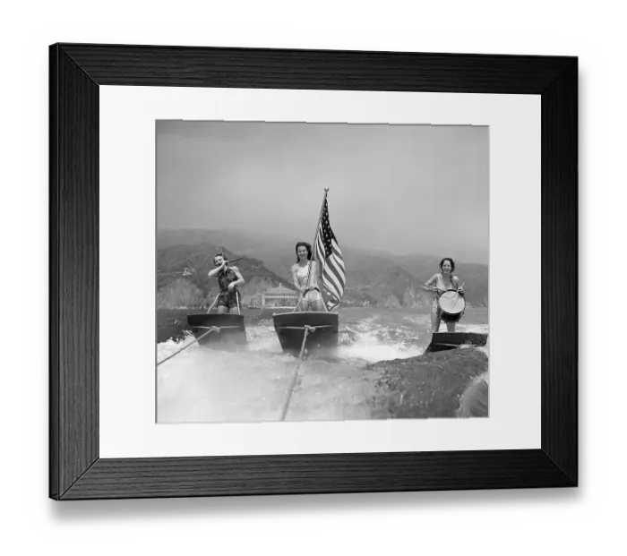 Framed Print : Trio Water Skiing with Flag Framed Print : Trio Water Skiing with Flag