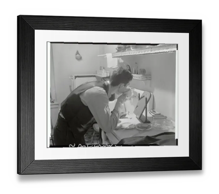 Framed Print : Man Shaving While Eating Breakfast at Kitchen Counter Framed Print : Man Shaving While Eating Breakfast at Kitchen Counter
