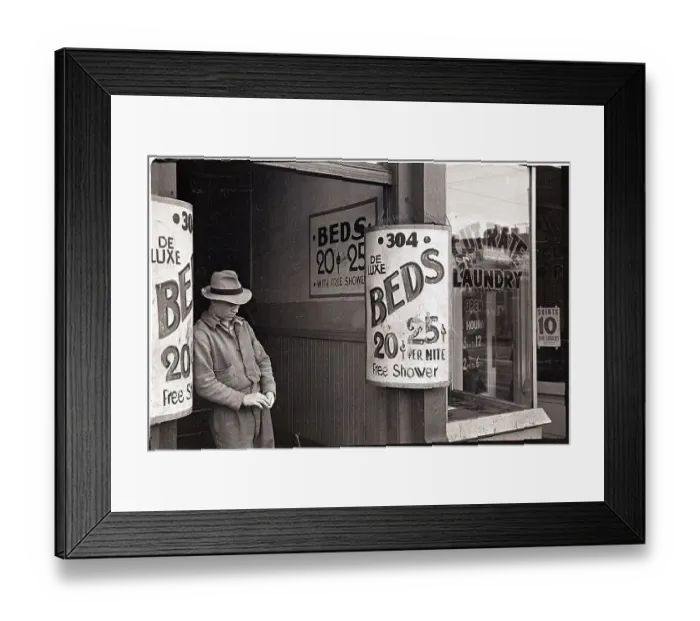 Framed Print : Man By Signs For Beds Framed Print : Man By Signs For Beds